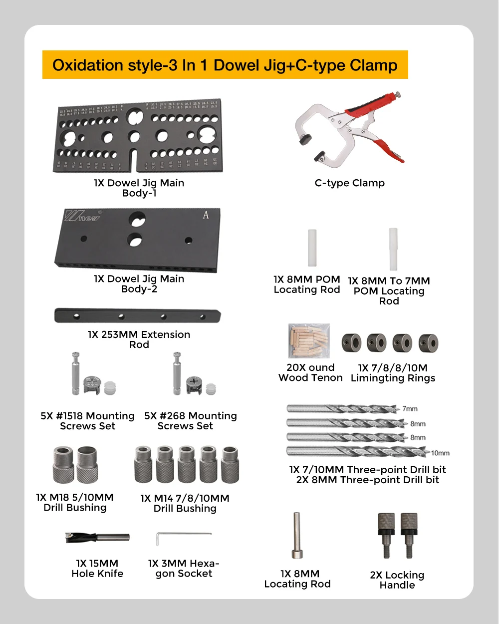 ENJOYWOOD 3 In 1 Dowel Jig Woodworking Hole Puncher Drill Guide Positioning Hole Opener DIY Drilling Guide 7/8/10MM M14 M18