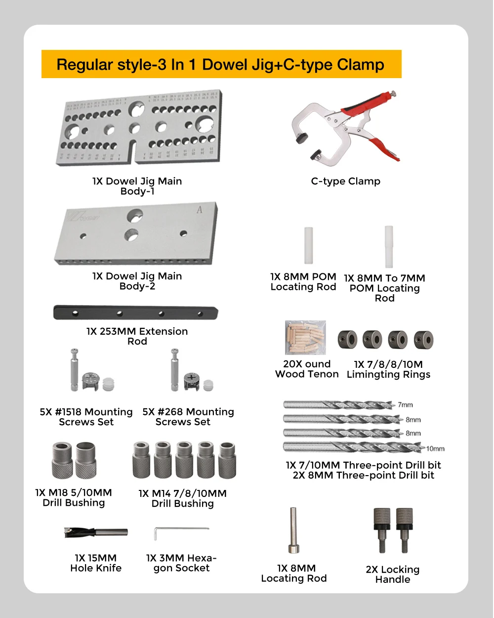 ENJOYWOOD 3 In 1 Dowel Jig Woodworking Hole Puncher Drill Guide Positioning Hole Opener DIY Drilling Guide 7/8/10MM M14 M18