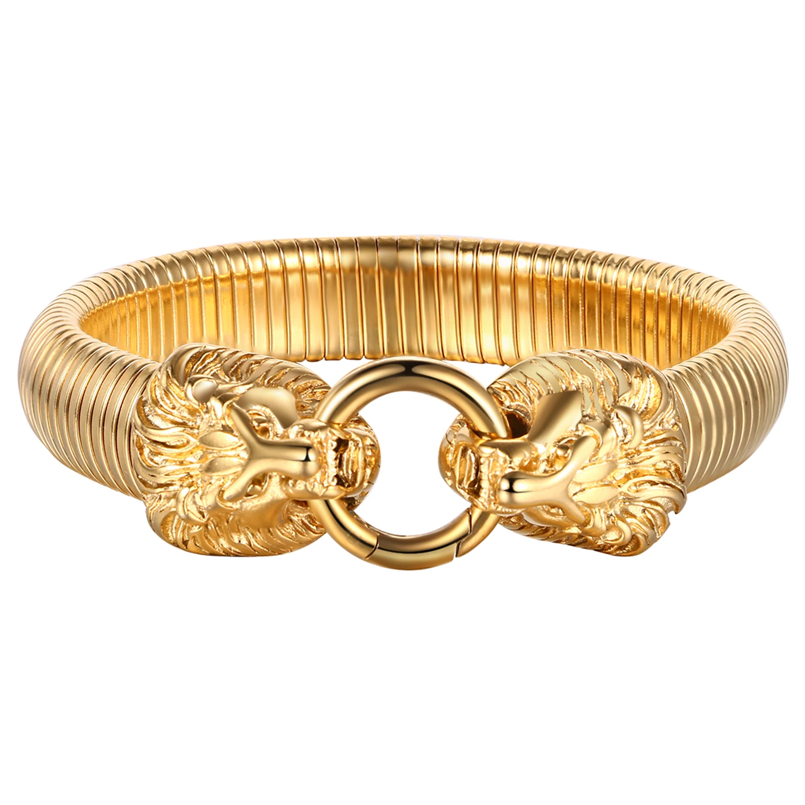 BONISKISS Men's Lion Head Bracelet Stainless Steel Gold Elastic Clasp Bracelet Adjustable Men's Fashion Jewelry Gift
