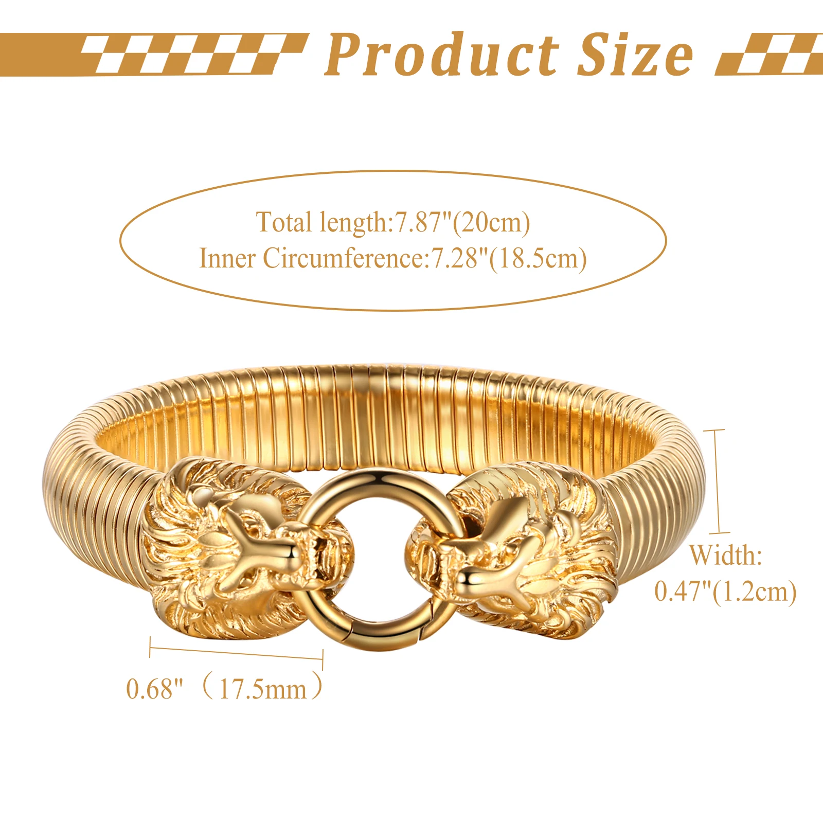 BONISKISS Men's Lion Head Bracelet Stainless Steel Gold Elastic Clasp Bracelet Adjustable Men's Fashion Jewelry Gift