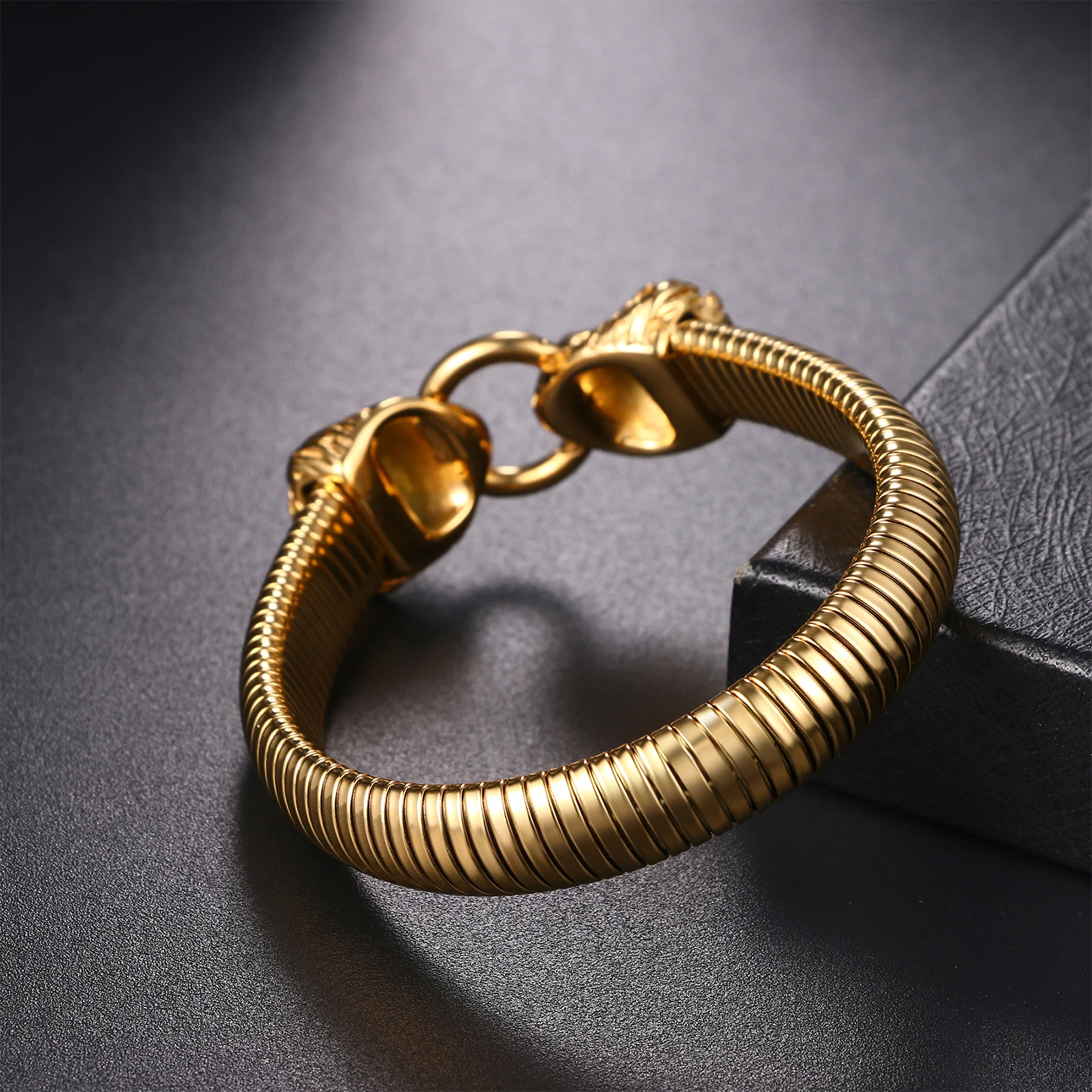 BONISKISS Men's Lion Head Bracelet Stainless Steel Gold Elastic Clasp Bracelet Adjustable Men's Fashion Jewelry Gift