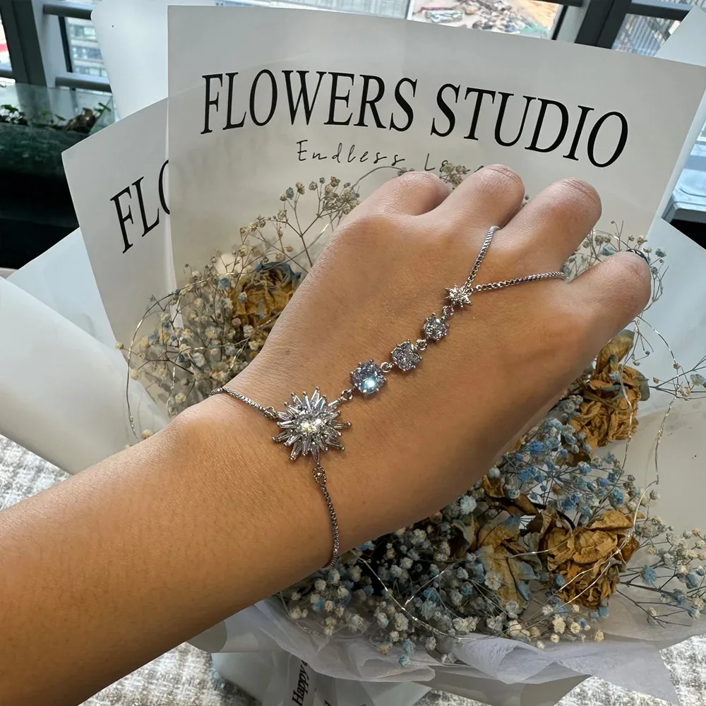 Stonefans Luxury Flower CZ Finger Bracelet Ring Hand Chain for Women Adjustable Fairy Slave Bracelet Back Hand Jewelry Gift