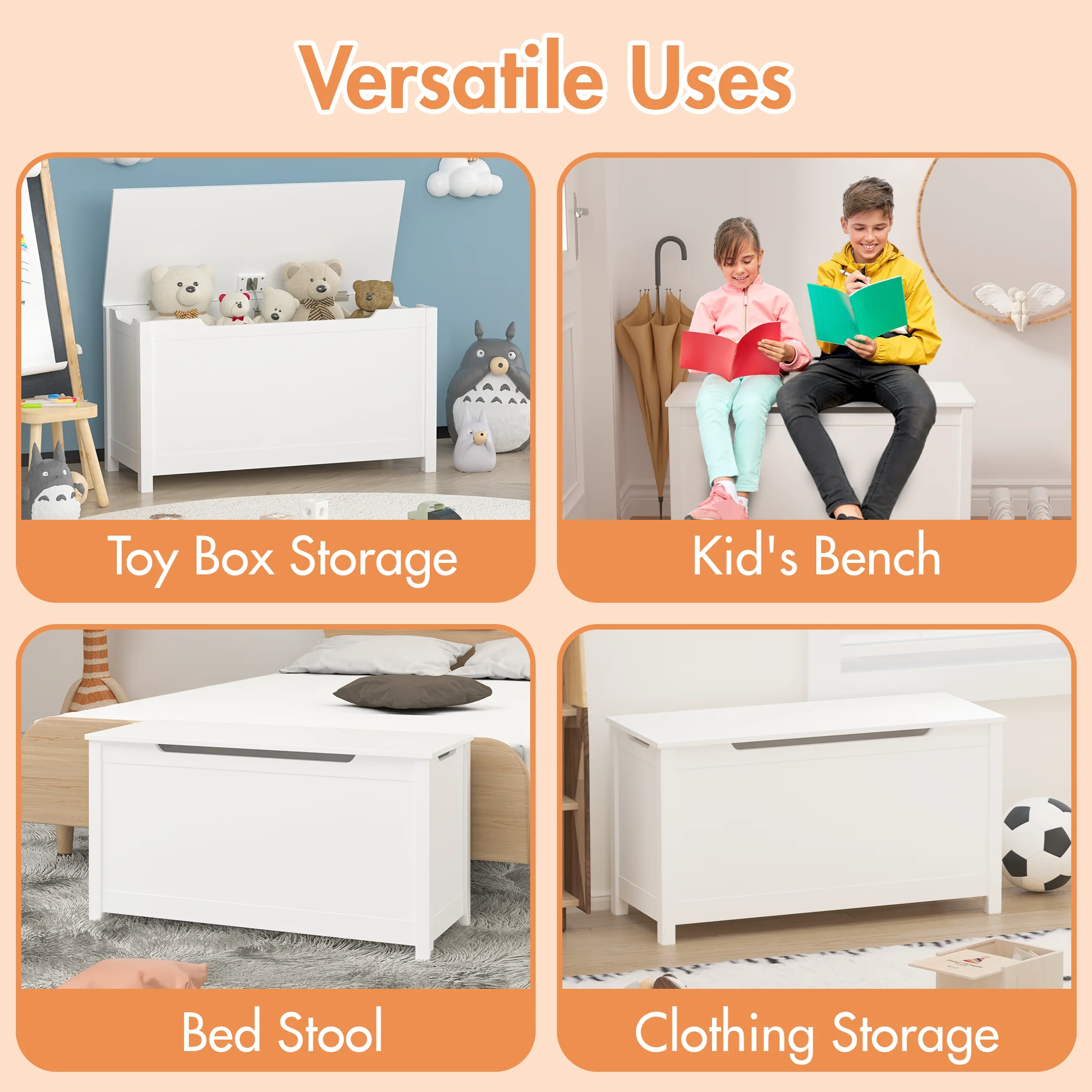 Toys Organizer Box Storage Ages 2+ Safety Hinged Lid Kids Wooden Toy Box Storage Toys Organizer