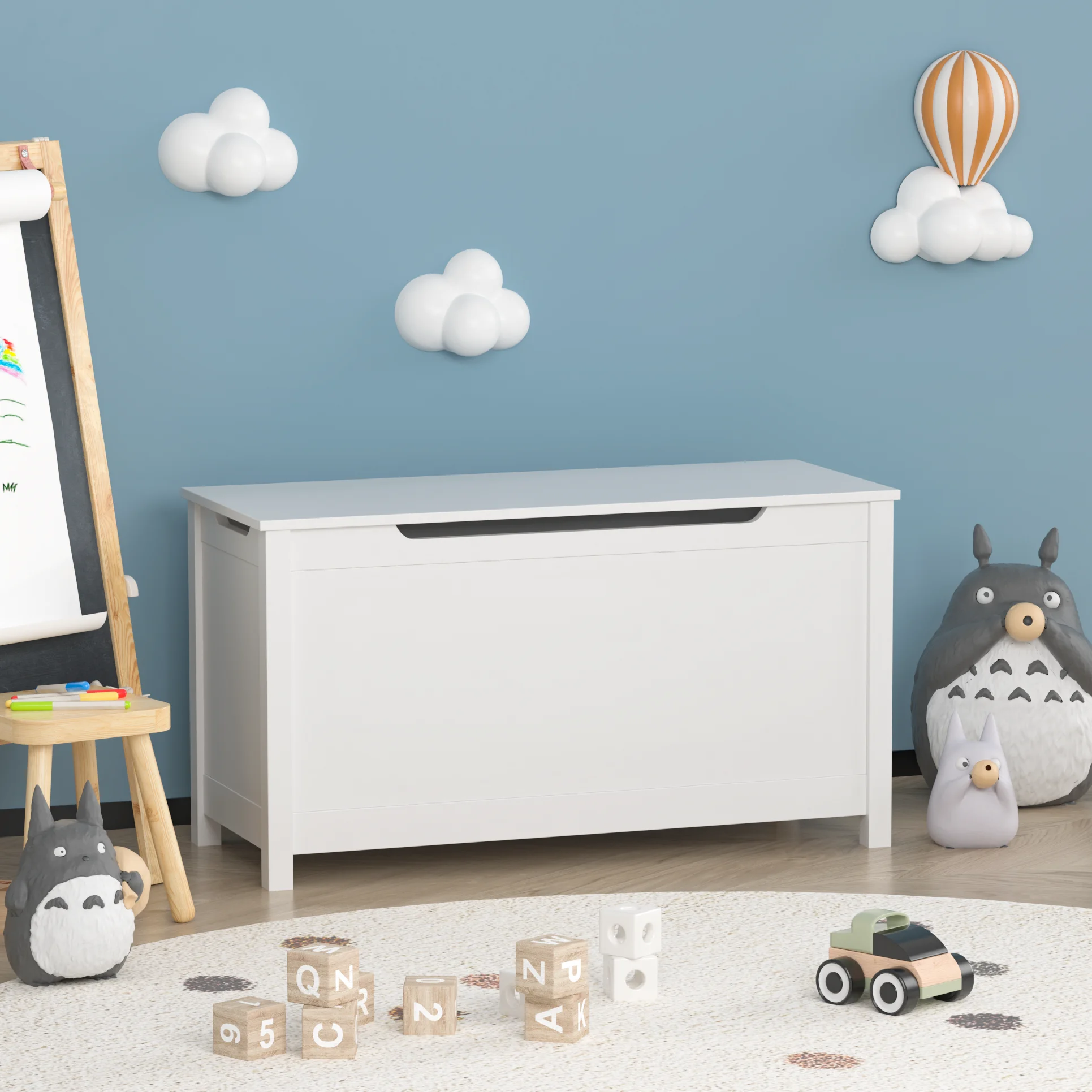 Toys Organizer Box Storage Ages 2+ Safety Hinged Lid Kids Wooden Toy Box Storage Toys Organizer