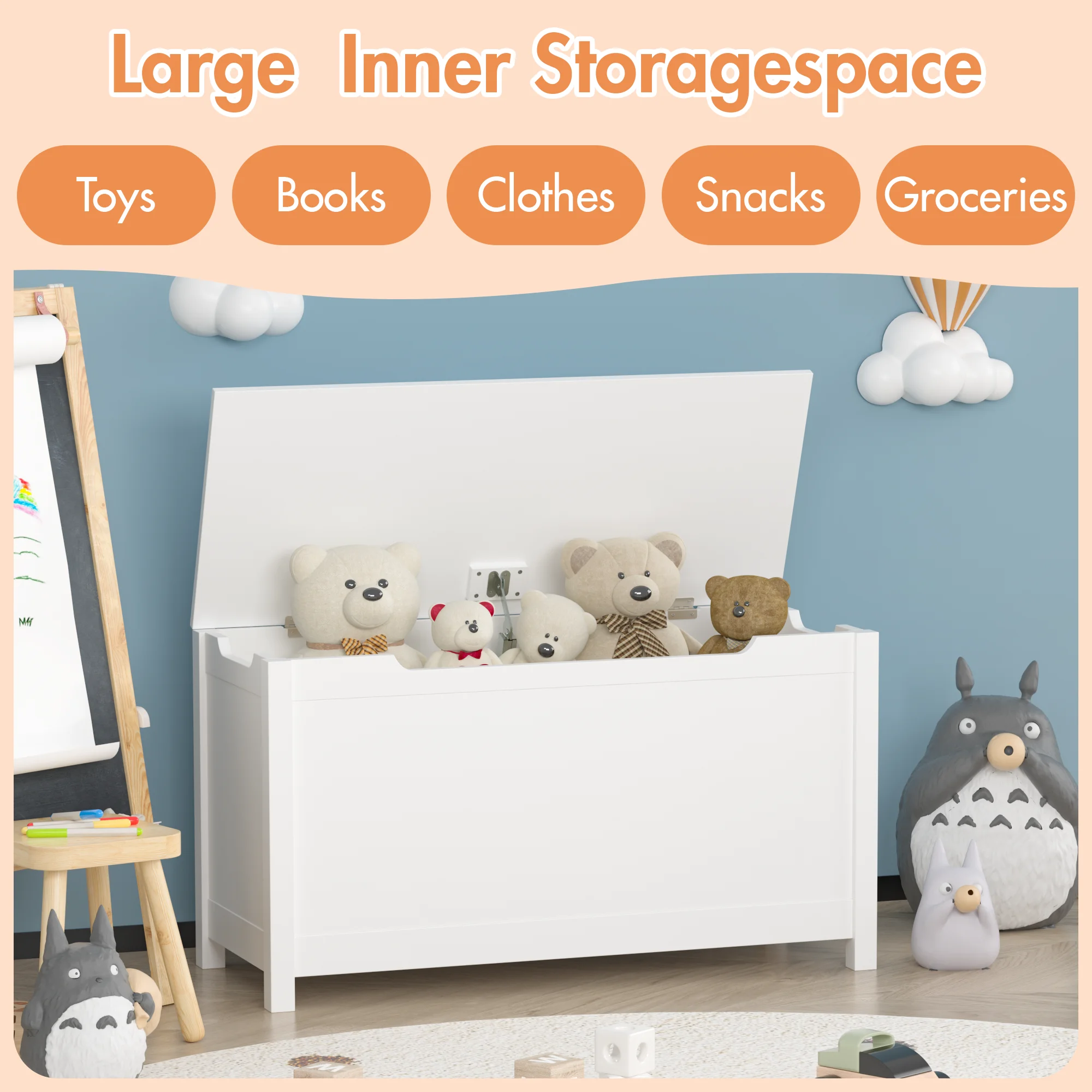 Toys Organizer Box Storage Ages 2+ Safety Hinged Lid Kids Wooden Toy Box Storage Toys Organizer