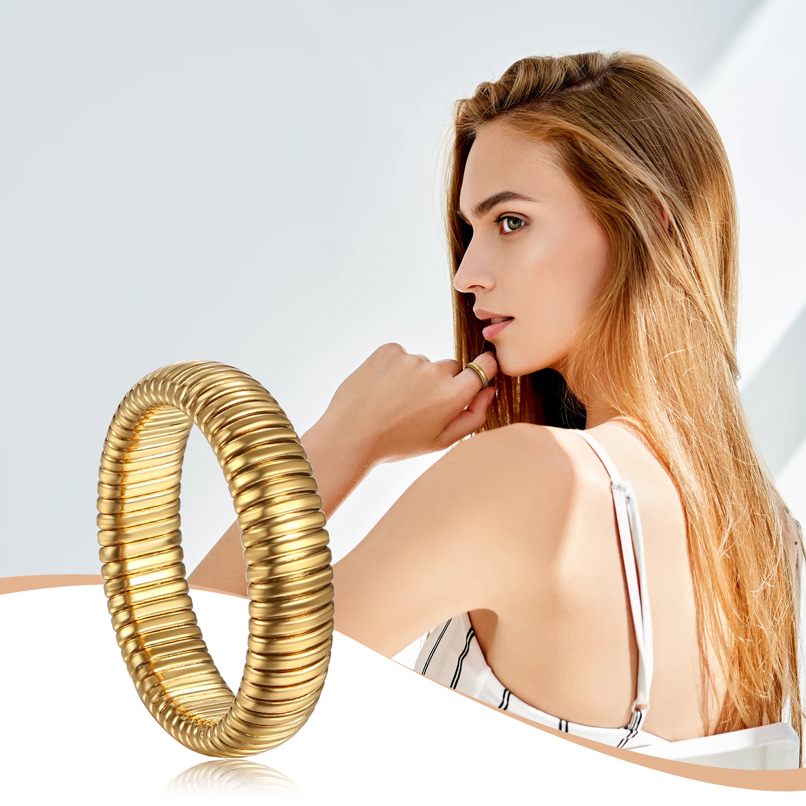 BONISKISS Women Elastic Ring Personality Simple Thick Stainless Steel Women's Gold Ring Micro Elastic Can Be Folded Silver Gold