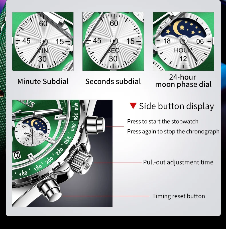 OLEVS Original Watch for Men Multifunction Chronograph Waterproof Moon Phase Auto Date Male Hand Clock 2024 NEW Wristwatch Man