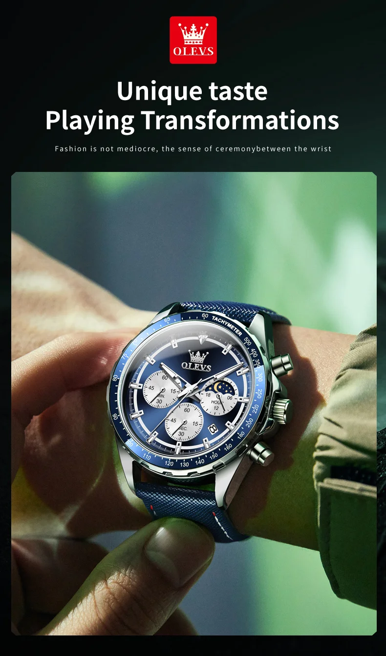 OLEVS 2945 Original Watch for Men Chronograph Waterproof Moon Phase Auto Date Male Hand Clock 2024 NEW Wristwatch Man