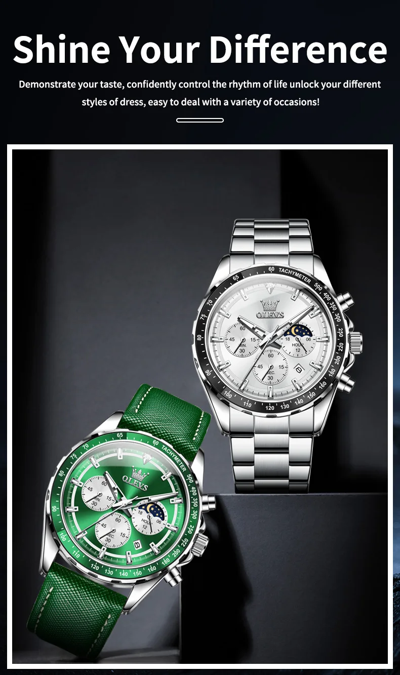 OLEVS 2945 Original Watch for Men Chronograph Waterproof Moon Phase Auto Date Male Hand Clock 2024 NEW Wristwatch Man