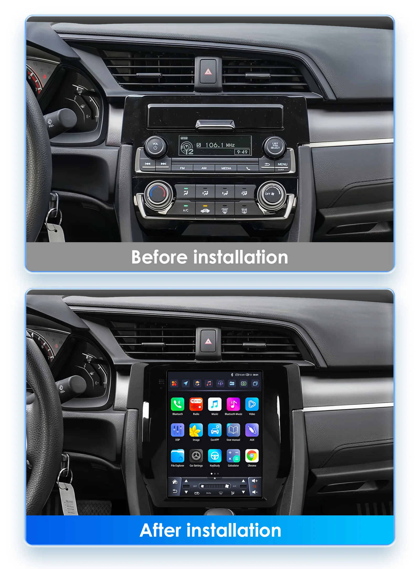 Hizpo 9.7" Car Stereo Radio for Honda Civic 2015 - 2020 Multimedia Player Navigation GPS 2 Din 4G Audio Tesla Style Carplay DSP