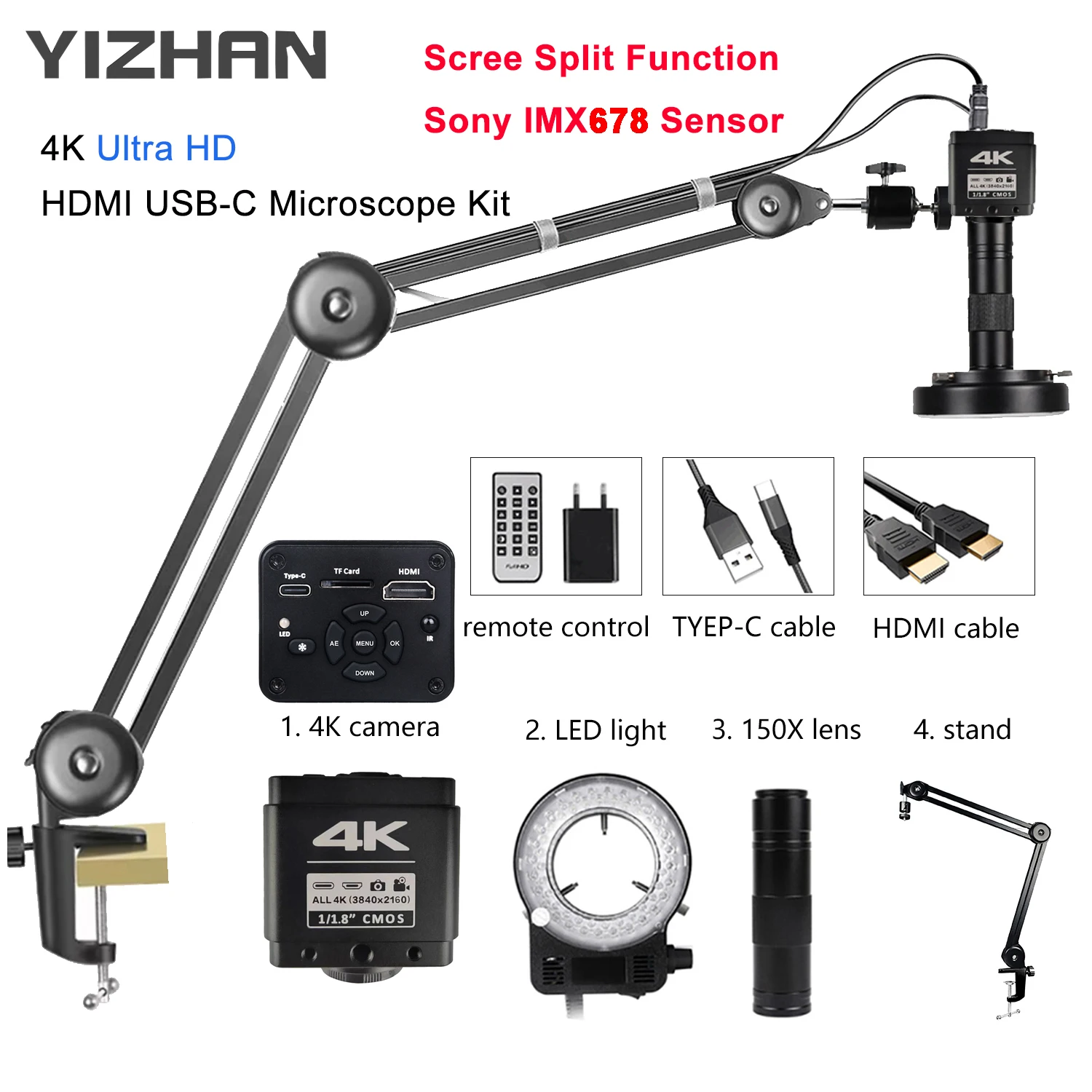 48MP 1080P Articulated Arm Microscope 4K 2K HDMI/USB/VGA/Type-C Digital Microscope Camera 1-150X Lens 5-100cm Work For Soldering
