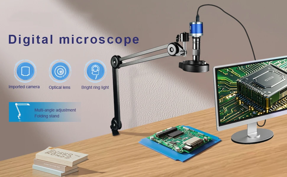 48MP 1080P Articulated Arm Microscope 4K 2K HDMI/USB/VGA/Type-C Digital Microscope Camera 1-150X Lens 5-100cm Work For Soldering