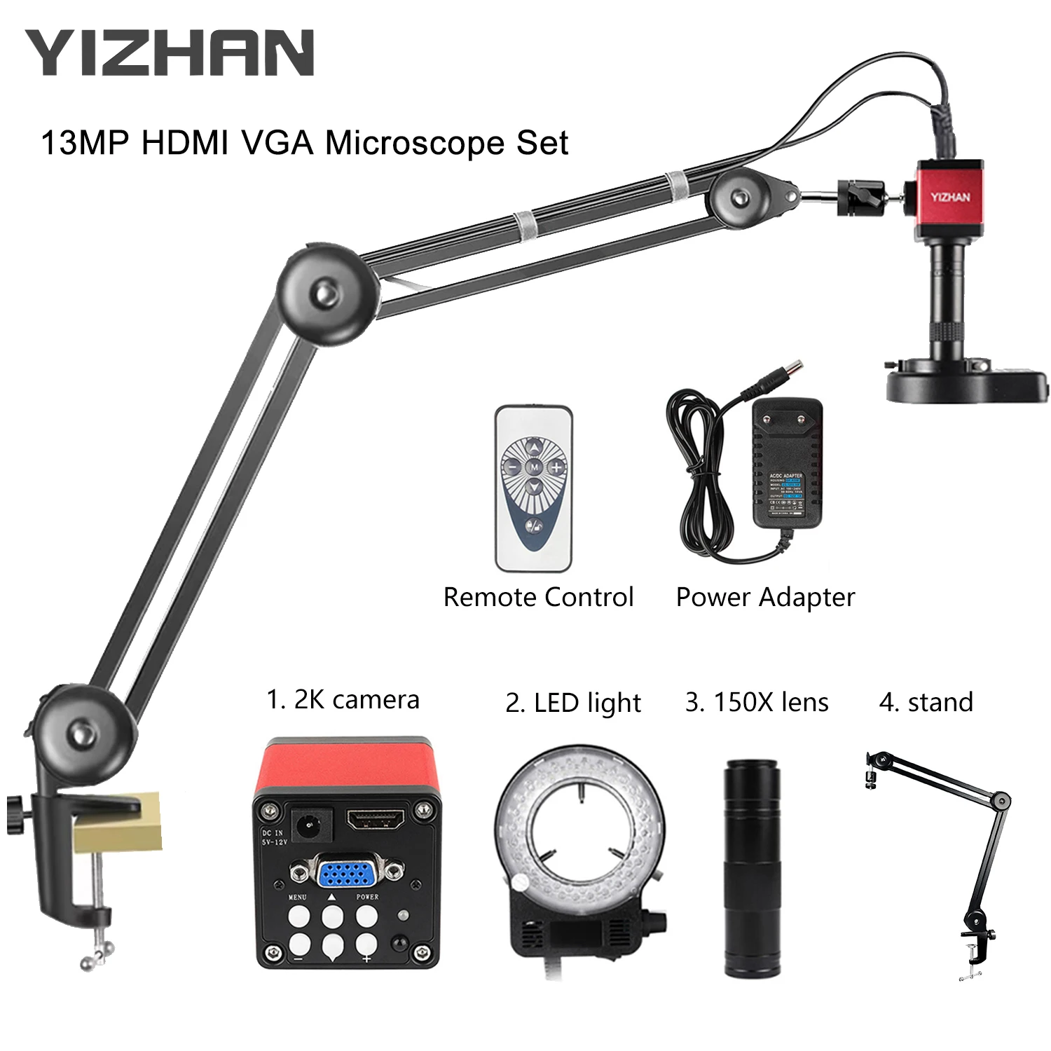 48MP 1080P Articulated Arm Microscope 4K 2K HDMI/USB/VGA/Type-C Digital Microscope Camera 1-150X Lens 5-100cm Work For Soldering