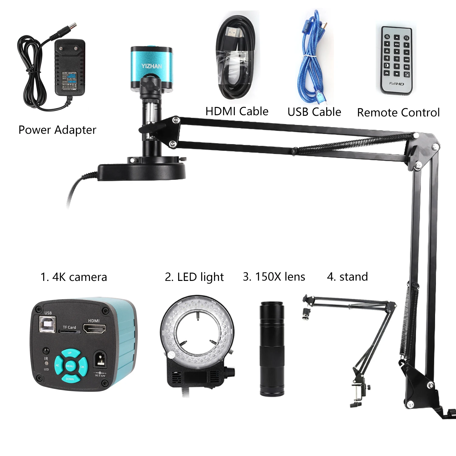 48MP 1080P Articulated Arm Microscope 4K 2K HDMI/USB/VGA/Type-C Digital Microscope Camera 1-150X Lens 5-100cm Work For Soldering