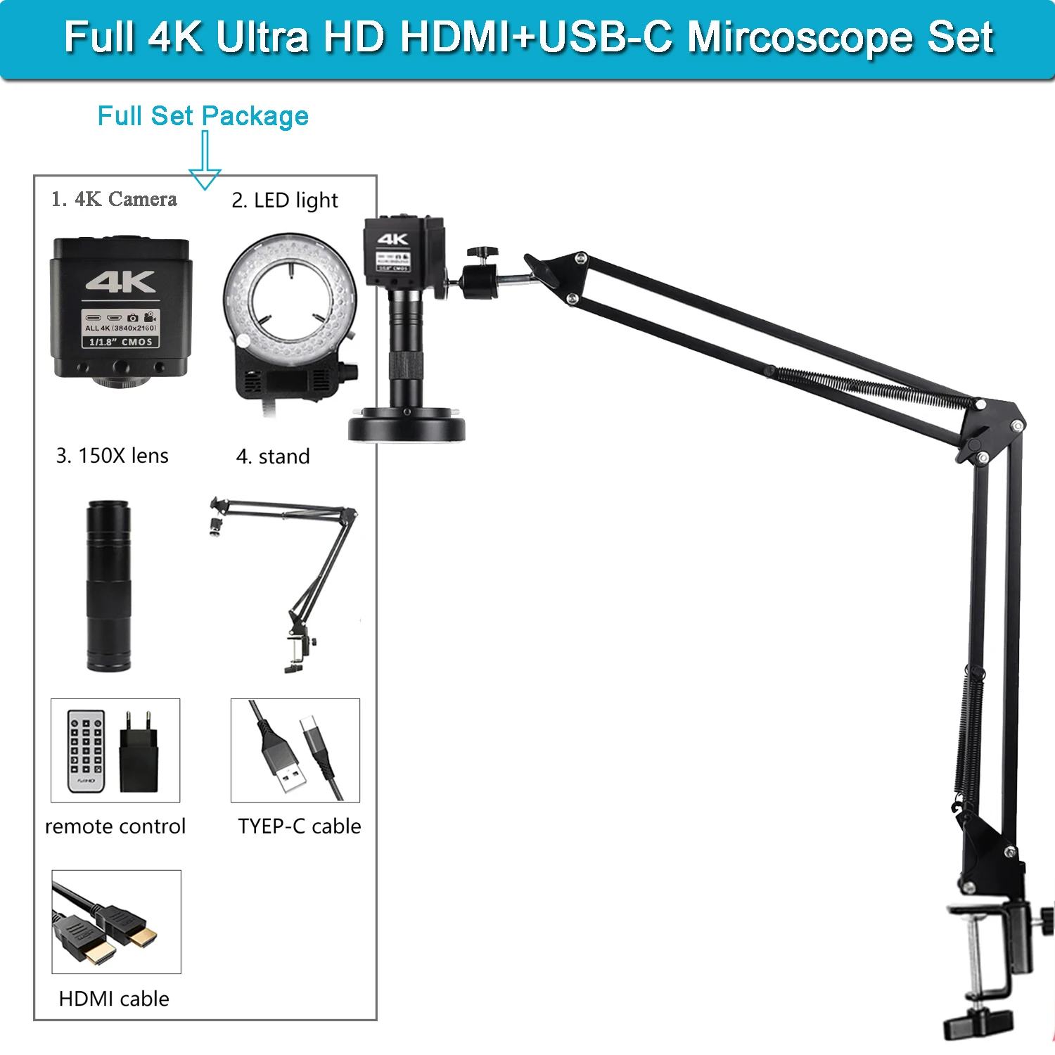 48MP 1080P Articulated Arm Microscope 4K 2K HDMI/USB/VGA/Type-C Digital Microscope Camera 1-150X Lens 5-100cm Work For Soldering