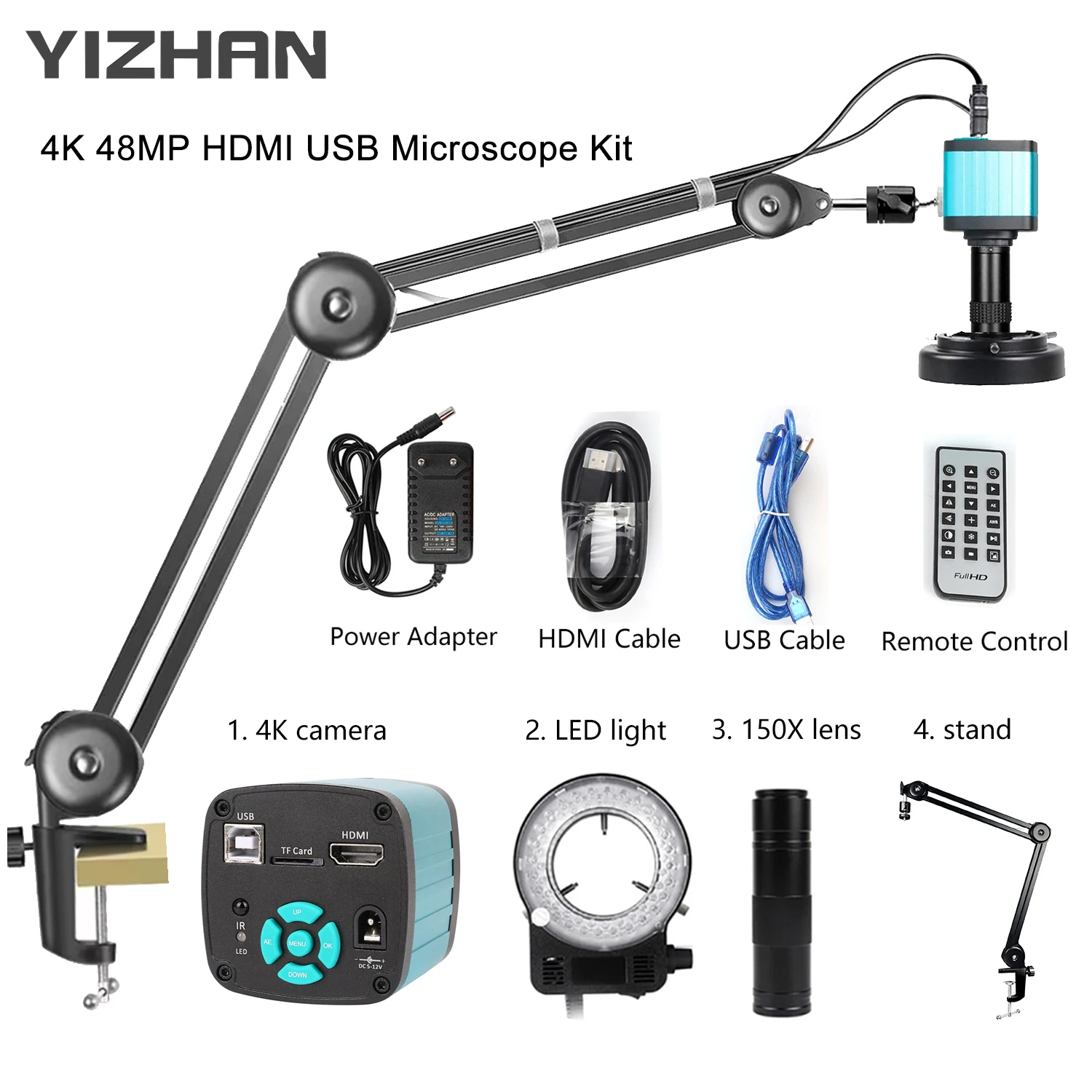 48MP 1080P Articulated Arm Microscope 4K 2K HDMI/USB/VGA/Type-C Digital Microscope Camera 1-150X Lens 5-100cm Work For Soldering