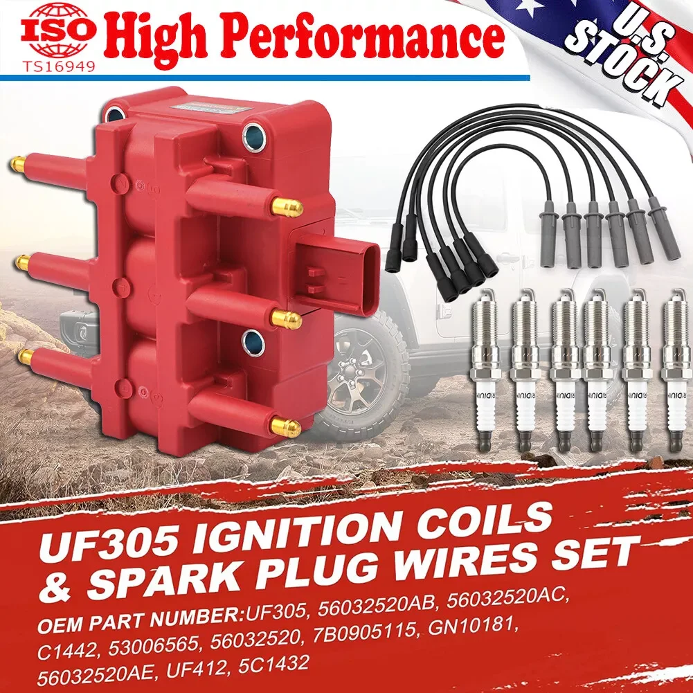 Carbole Ignition Coil & Iridium Spark Plugs & Wire Set for 2007-2011 Jeep Wrangler UF305