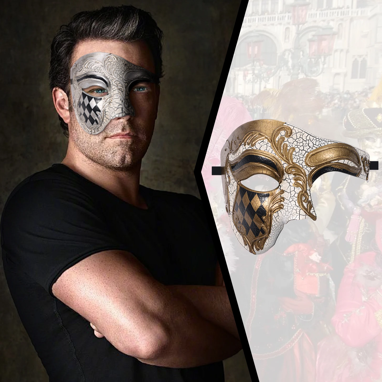 Men's masquerade mask Halloween masquerade Mask Vintage Venice, Italy Male Phantom of the Opera half face holiday party dress up