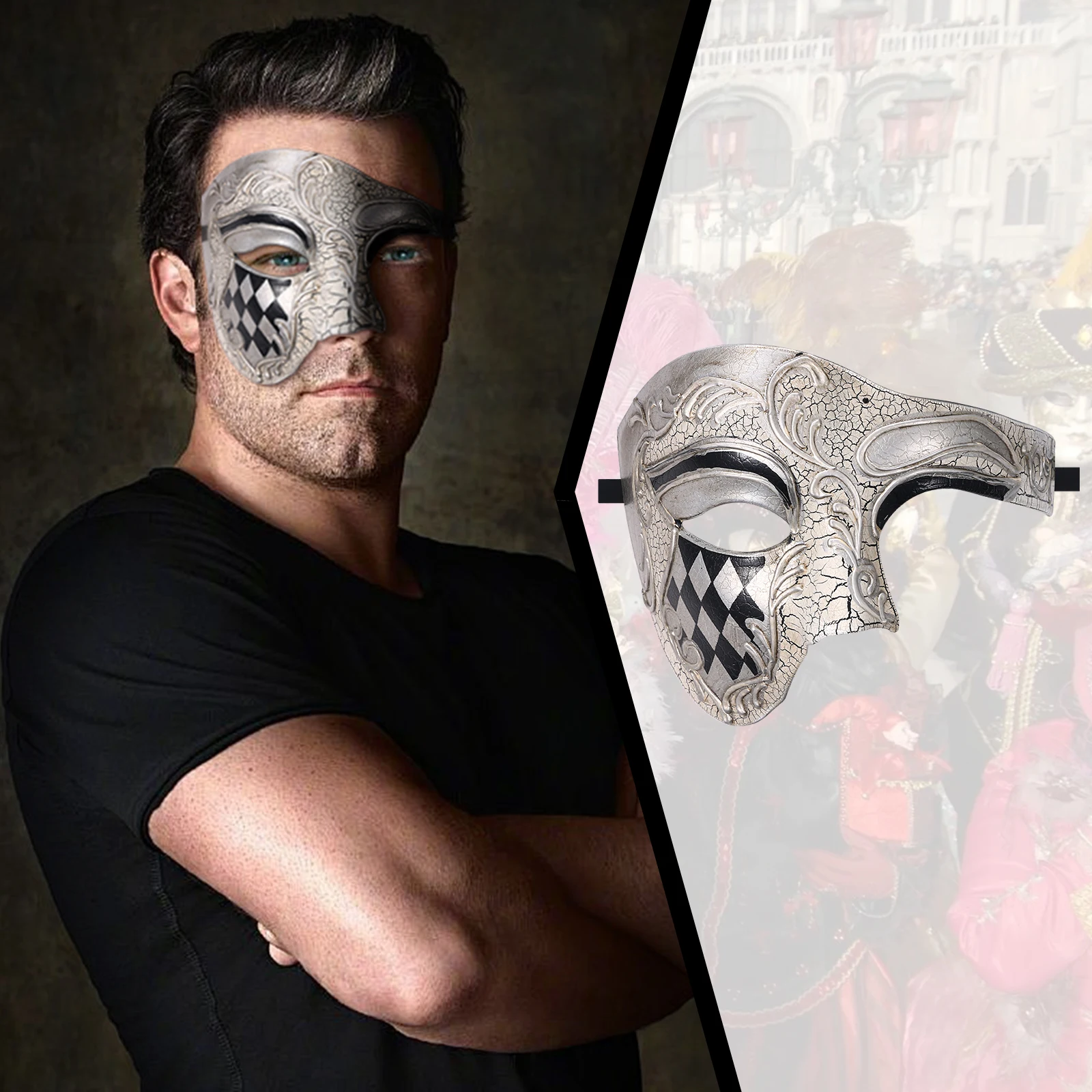 Men's masquerade mask Halloween masquerade Mask Vintage Venice, Italy Male Phantom of the Opera half face holiday party dress up