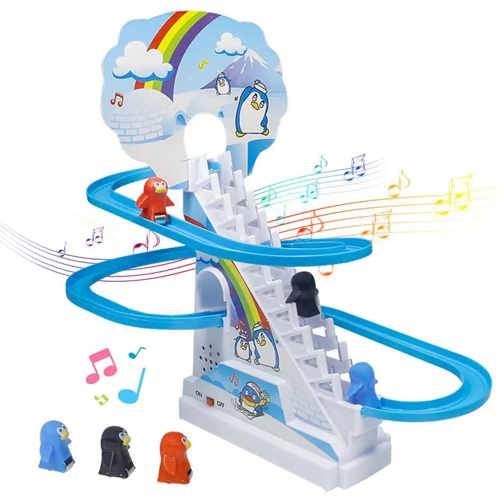 Parent-Child Interaction Puzzle Kids Toy Penguin Slide Electric Railcar With Music Fun Penguin Climbing Stairs Toys For Children