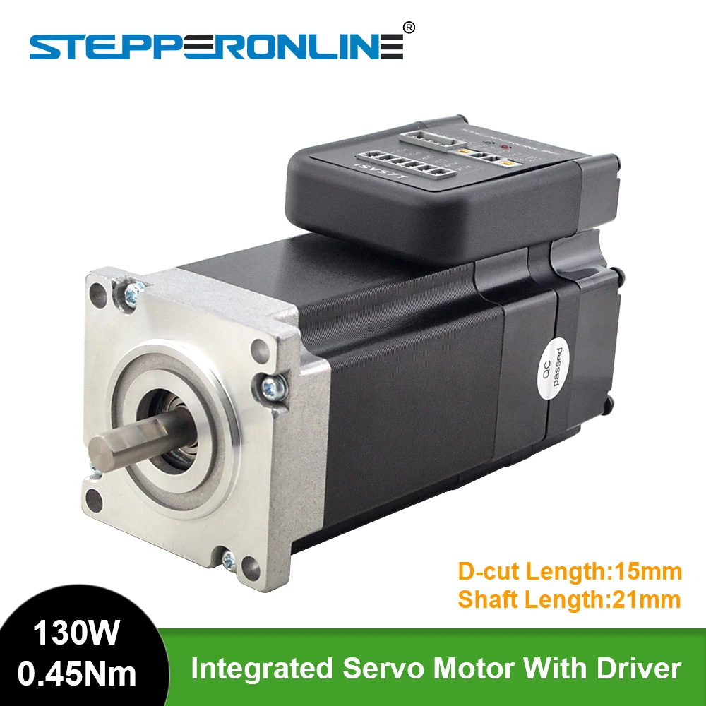STEPPERONLINE 130W 0.45Nm Nema 23 Integrated Servo Motor with Driver 3000RPM 20-50VDC Brushless DC Servo Motor - Short Shaft