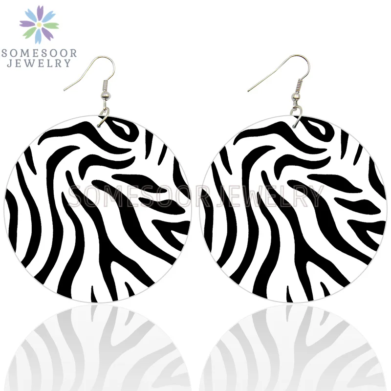 SOMESOOR Vintage Zebra Pattern Print African Wooden Drop Earrings Teardrop Round Geometric Pendant Dangle Jewelry For Women Gift
