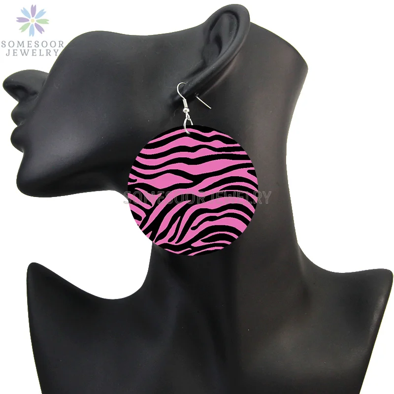 SOMESOOR Vintage Zebra Pattern Print African Wooden Drop Earrings Teardrop Round Geometric Pendant Dangle Jewelry For Women Gift