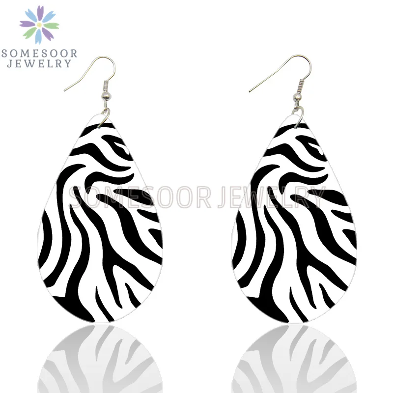 SOMESOOR Vintage Zebra Pattern Print African Wooden Drop Earrings Teardrop Round Geometric Pendant Dangle Jewelry For Women Gift