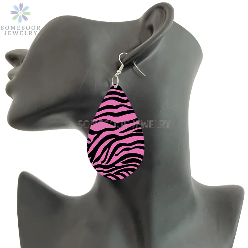 SOMESOOR Vintage Zebra Pattern Print African Wooden Drop Earrings Teardrop Round Geometric Pendant Dangle Jewelry For Women Gift
