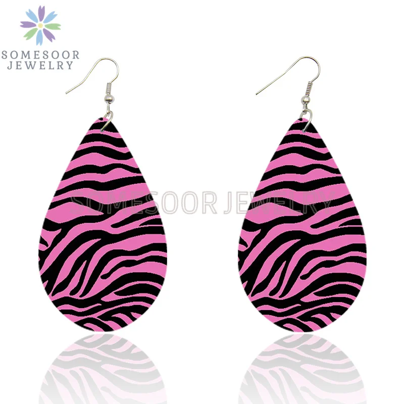 SOMESOOR Vintage Zebra Pattern Print African Wooden Drop Earrings Teardrop Round Geometric Pendant Dangle Jewelry For Women Gift