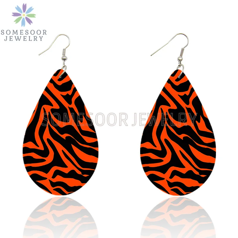 SOMESOOR Vintage Zebra Pattern Print African Wooden Drop Earrings Teardrop Round Geometric Pendant Dangle Jewelry For Women Gift