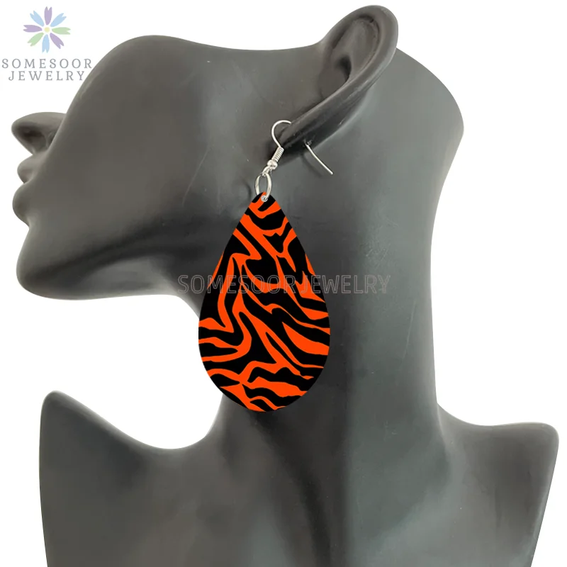 SOMESOOR Vintage Zebra Pattern Print African Wooden Drop Earrings Teardrop Round Geometric Pendant Dangle Jewelry For Women Gift