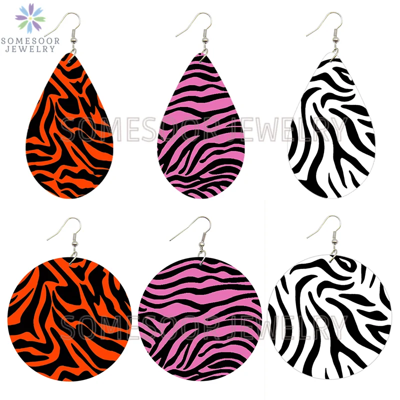 SOMESOOR Vintage Zebra Pattern Print African Wooden Drop Earrings Teardrop Round Geometric Pendant Dangle Jewelry For Women Gift