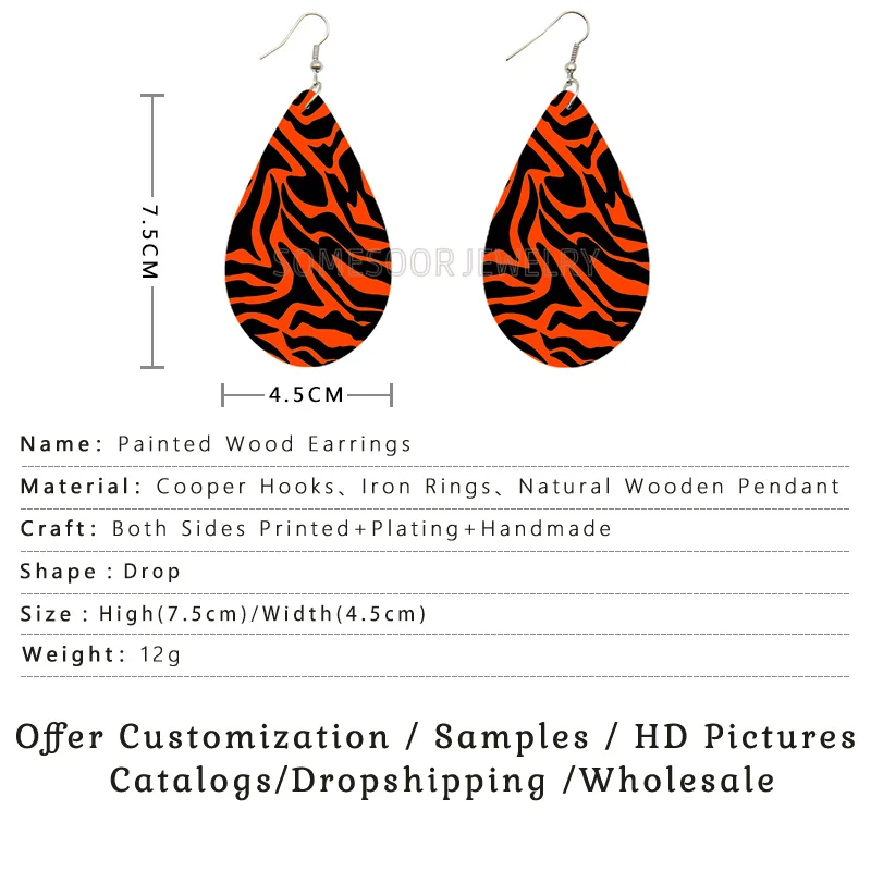 SOMESOOR Vintage Zebra Pattern Print African Wooden Drop Earrings Teardrop Round Geometric Pendant Dangle Jewelry For Women Gift
