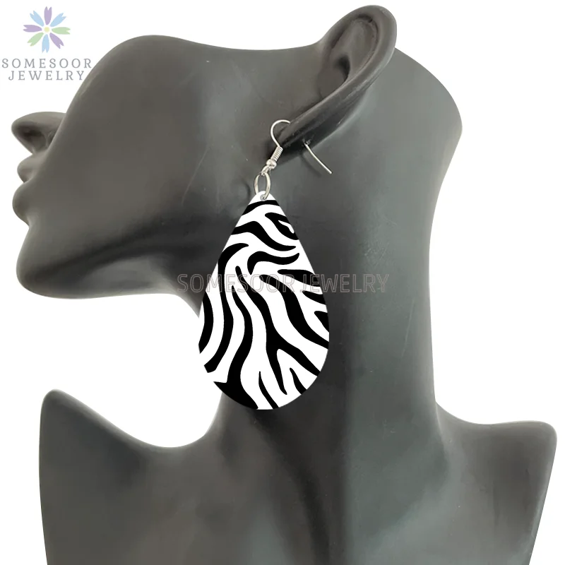 SOMESOOR Vintage Zebra Pattern Print African Wooden Drop Earrings Teardrop Round Geometric Pendant Dangle Jewelry For Women Gift