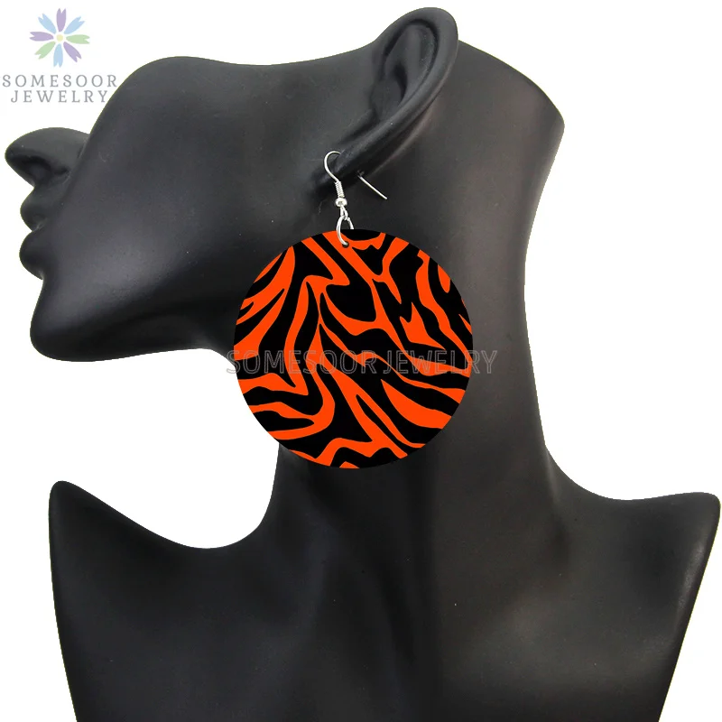 SOMESOOR Vintage Zebra Pattern Print African Wooden Drop Earrings Teardrop Round Geometric Pendant Dangle Jewelry For Women Gift