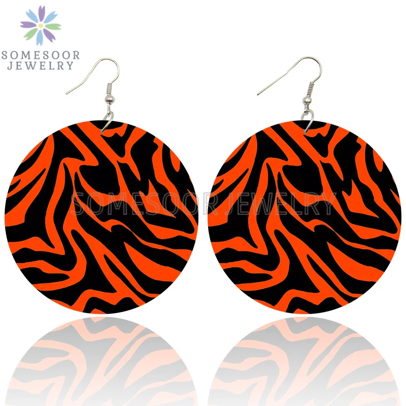 SOMESOOR Vintage Zebra Pattern Print African Wooden Drop Earrings Teardrop Round Geometric Pendant Dangle Jewelry For Women Gift