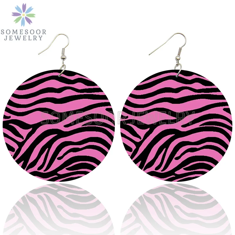 SOMESOOR Vintage Zebra Pattern Print African Wooden Drop Earrings Teardrop Round Geometric Pendant Dangle Jewelry For Women Gift