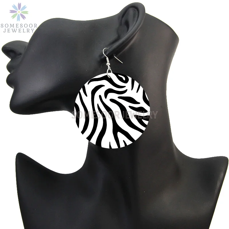 SOMESOOR Vintage Zebra Pattern Print African Wooden Drop Earrings Teardrop Round Geometric Pendant Dangle Jewelry For Women Gift
