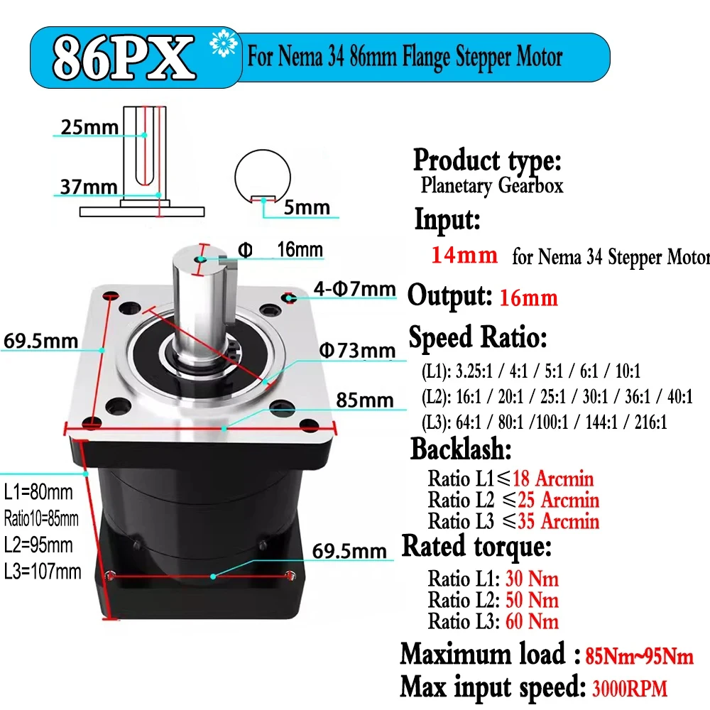Planetary Gearbox Ratio 5:1/10:1/20:1/50:1/100:1 For Nema 34 86mm Stepper Motor Reducer 14mm Input 16mm Output Step-down Gearbox