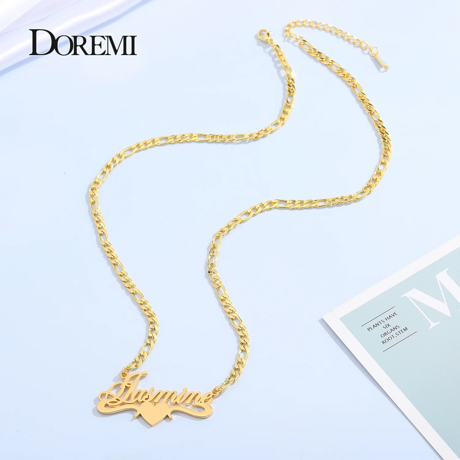 DOREMI 3MM Figaro Personalized Chain Custom Name Necklace with Heart Stainless Customized Nameplate Necklace for Women Numbers