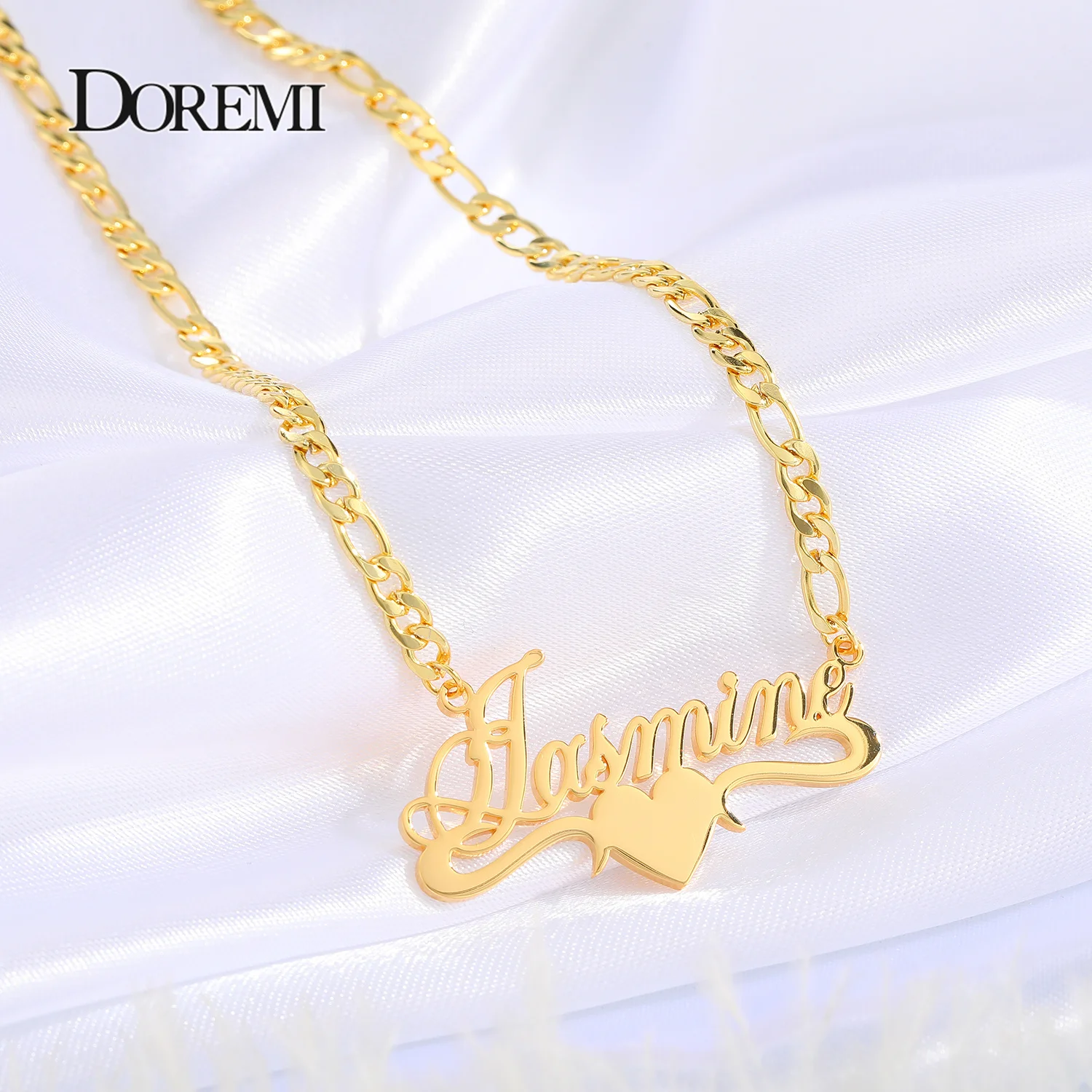 DOREMI 3MM Figaro Personalized Chain Custom Name Necklace with Heart Stainless Customized Nameplate Necklace for Women Numbers