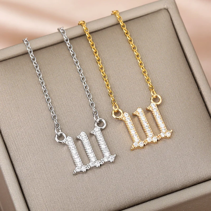 Angel Number Necklaces For Women Men 111 222 333 Stainless Steel Chain Zircon Pendant Necklaces Birthday Jewelry Gift