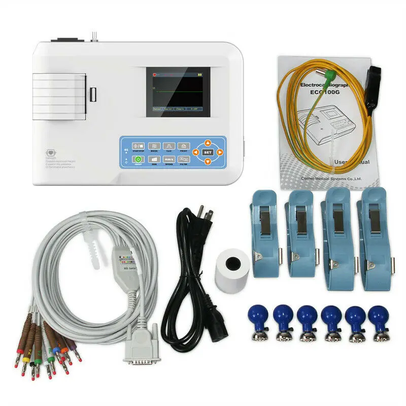 CONTEC ECG100G Single Channel Elektrokardiograph EKG Machine Monitor Cable Portable + Printer