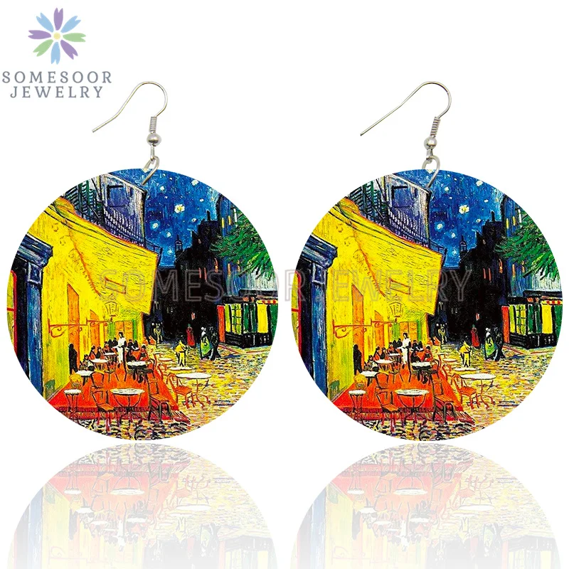 SOMESOOR Van Gogh Self Portrait Artistic Printed Wooden Drop Earrings Starry Night Sunflower Loops Dangle Jewelry For Women Gift