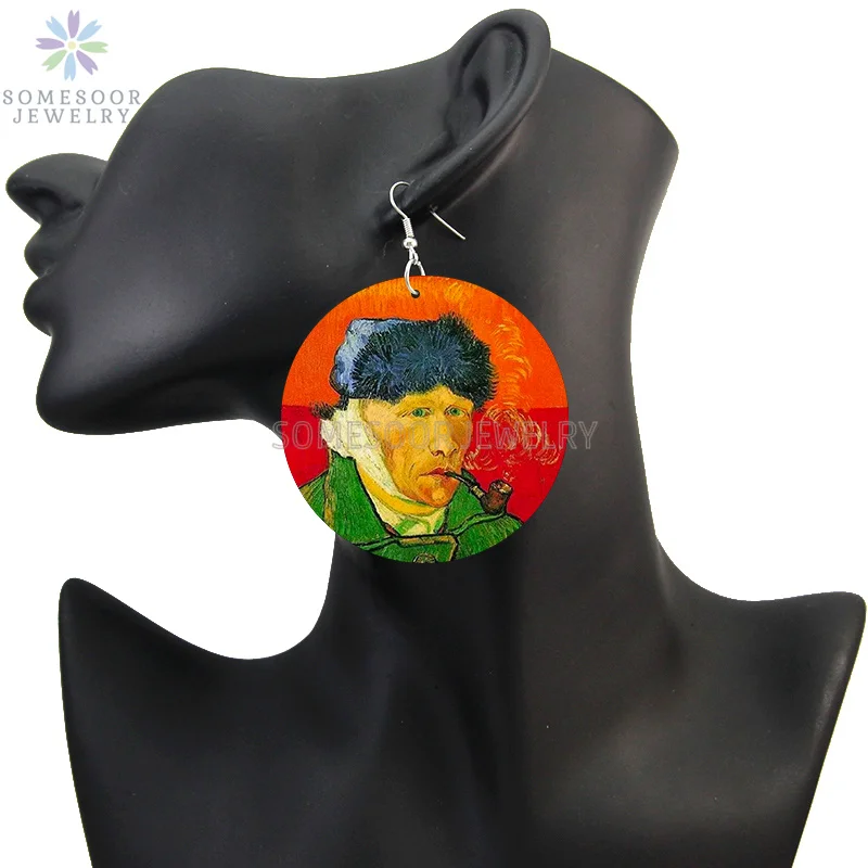 SOMESOOR Van Gogh Self Portrait Artistic Printed Wooden Drop Earrings Starry Night Sunflower Loops Dangle Jewelry For Women Gift