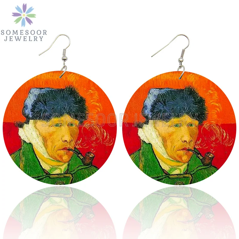 SOMESOOR Van Gogh Self Portrait Artistic Printed Wooden Drop Earrings Starry Night Sunflower Loops Dangle Jewelry For Women Gift