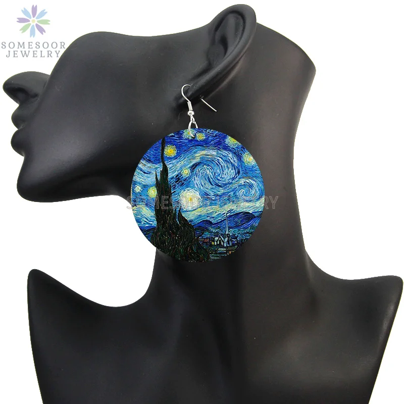 SOMESOOR Van Gogh Self Portrait Artistic Printed Wooden Drop Earrings Starry Night Sunflower Loops Dangle Jewelry For Women Gift