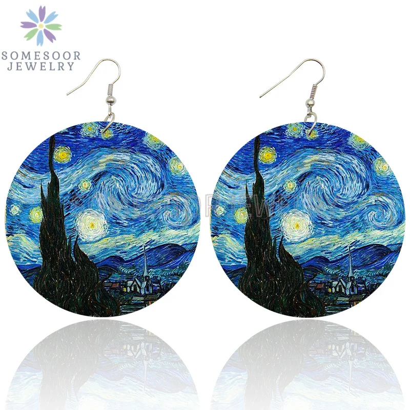 SOMESOOR Van Gogh Self Portrait Artistic Printed Wooden Drop Earrings Starry Night Sunflower Loops Dangle Jewelry For Women Gift