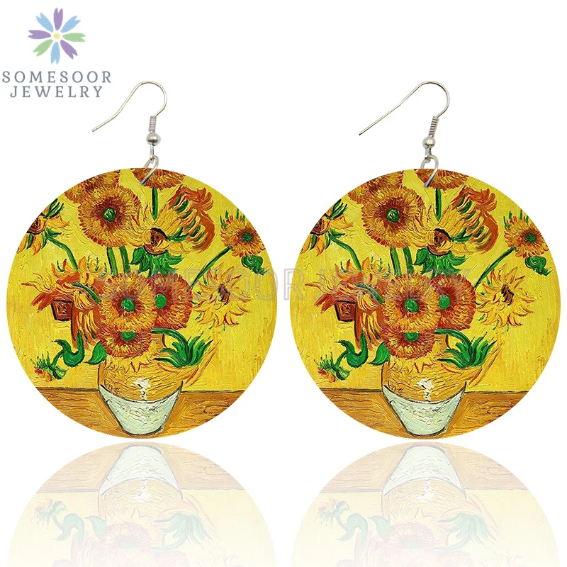 SOMESOOR Van Gogh Self Portrait Artistic Printed Wooden Drop Earrings Starry Night Sunflower Loops Dangle Jewelry For Women Gift